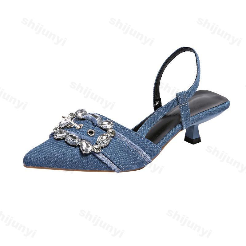 Fashion 2025 Summer High Heel Fashion Versatile Pointed Denim Rhinestone Design Square Buckle Decoration Shallow Mouth Slim Heel Sandals