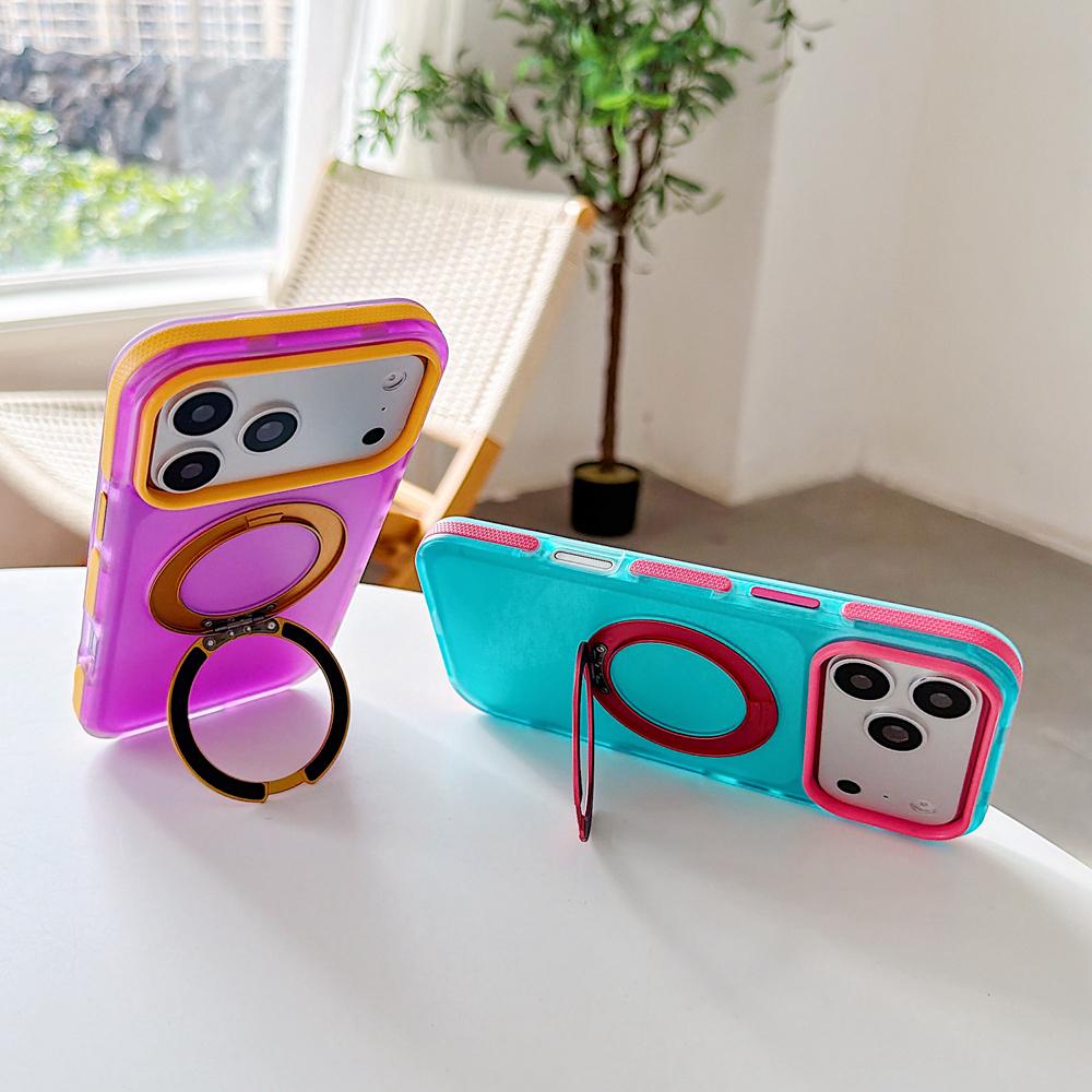 KEYSION Color blocking Magnetic 360°Ring Stand Case for MagSafe for iPhone 14 15 16 17 Pro Max Matte Shockproof Phone Back Cover