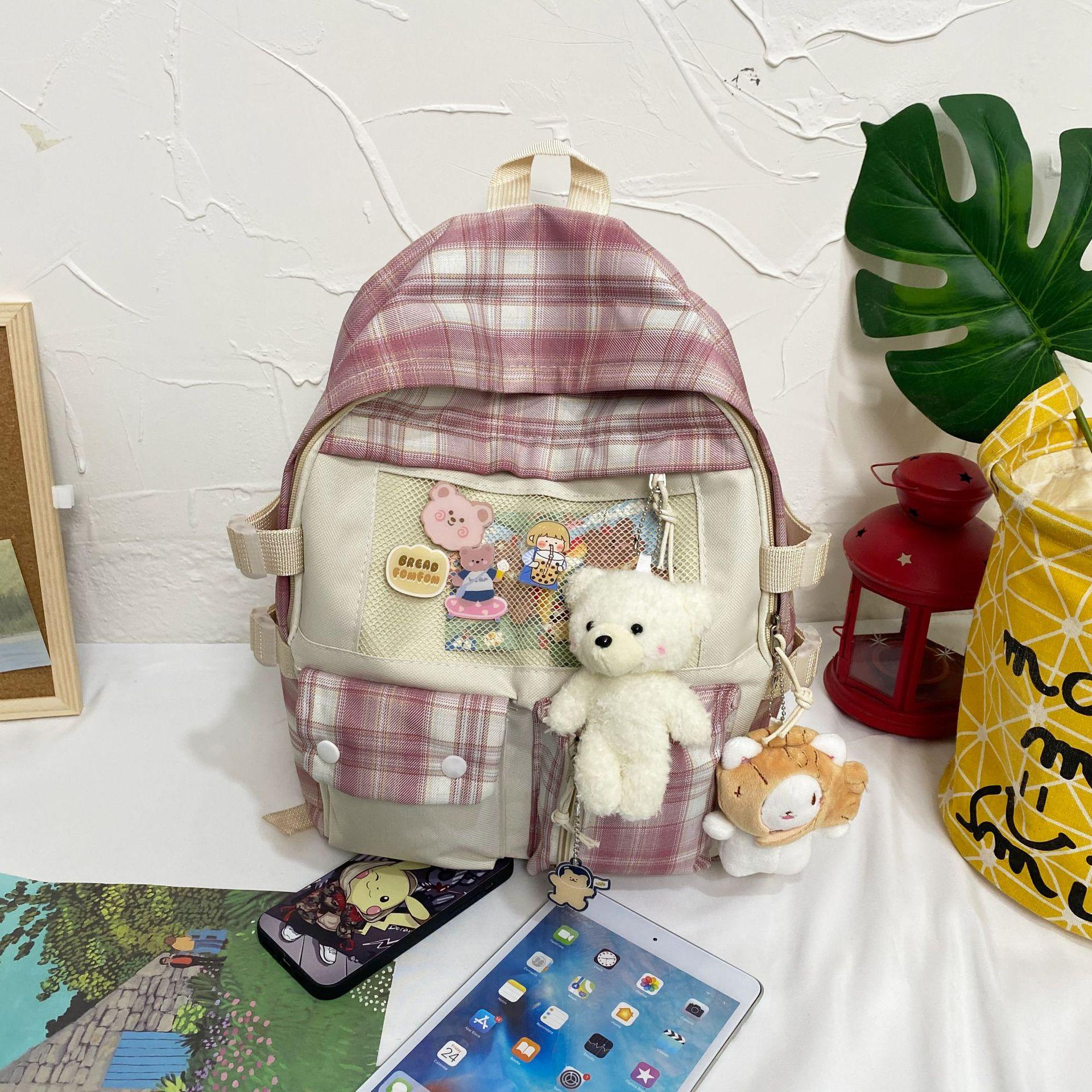 Schoolbag Female Harajuku High School Elementary School Elementary School Student Plaid Backpack Cute Large Capacity Travel Backpack розовый