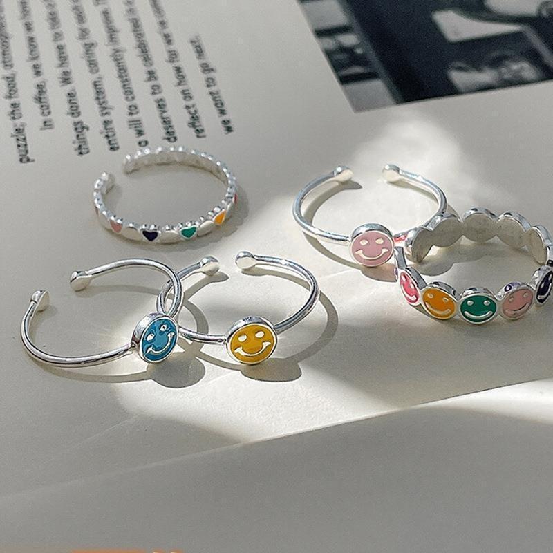 Drip Colorful Chic Glaze Smiley Face Heart Ring For Women Trendy Adjustable Copper Finger Jewelry