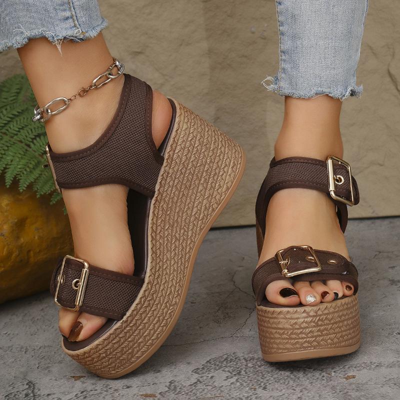 Summer New Slope with Fish Mouth Thick Bottom One Word Women's Sandals Belt Buckle Women's High Heels Sandals Women's Pumps