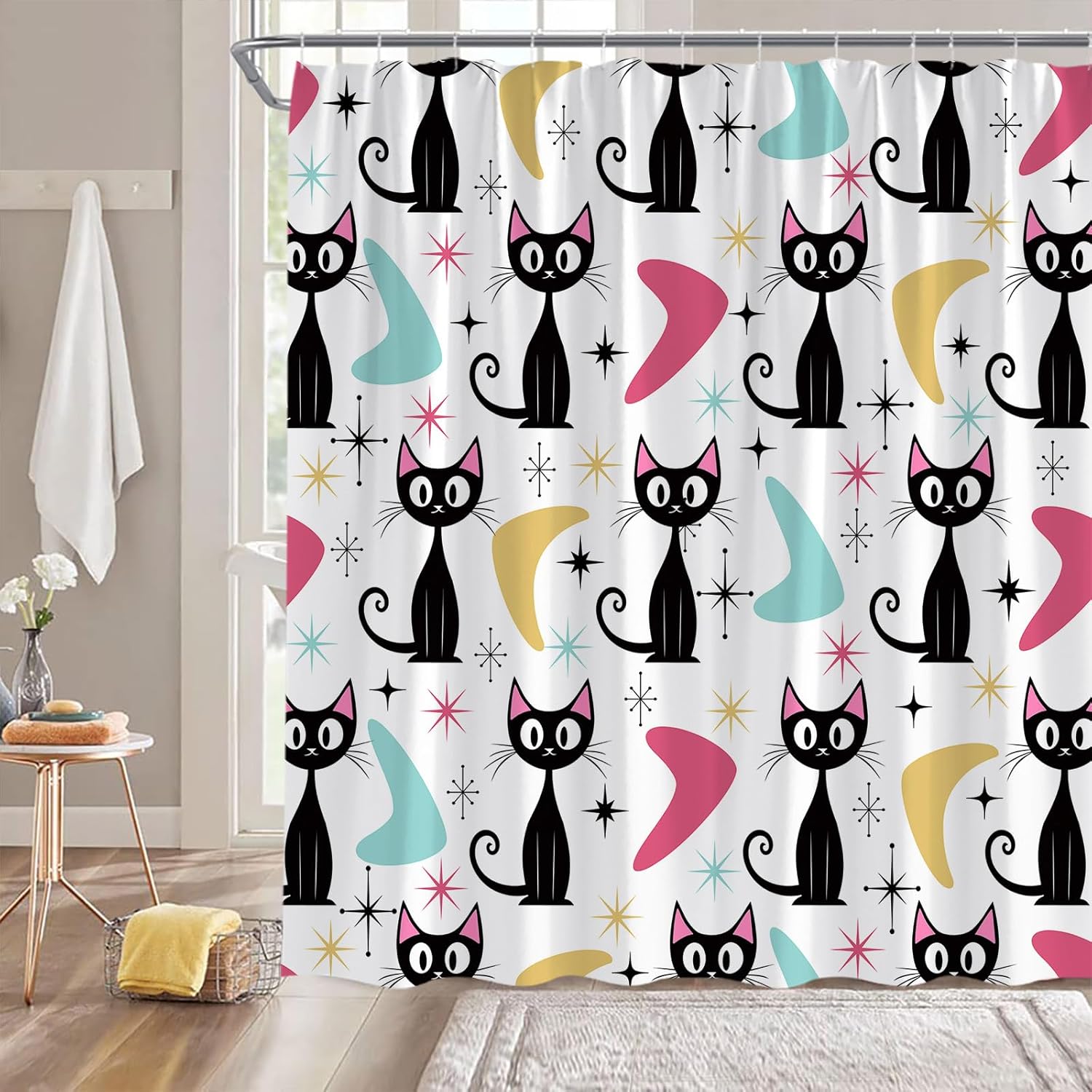 Tonnika Chen Black Mid Century Atomic Cat Shower Curtain Modern Abstract Geometric Atomic Cat Vintage 50S 60S Retro Colorful Fabric Bathroom