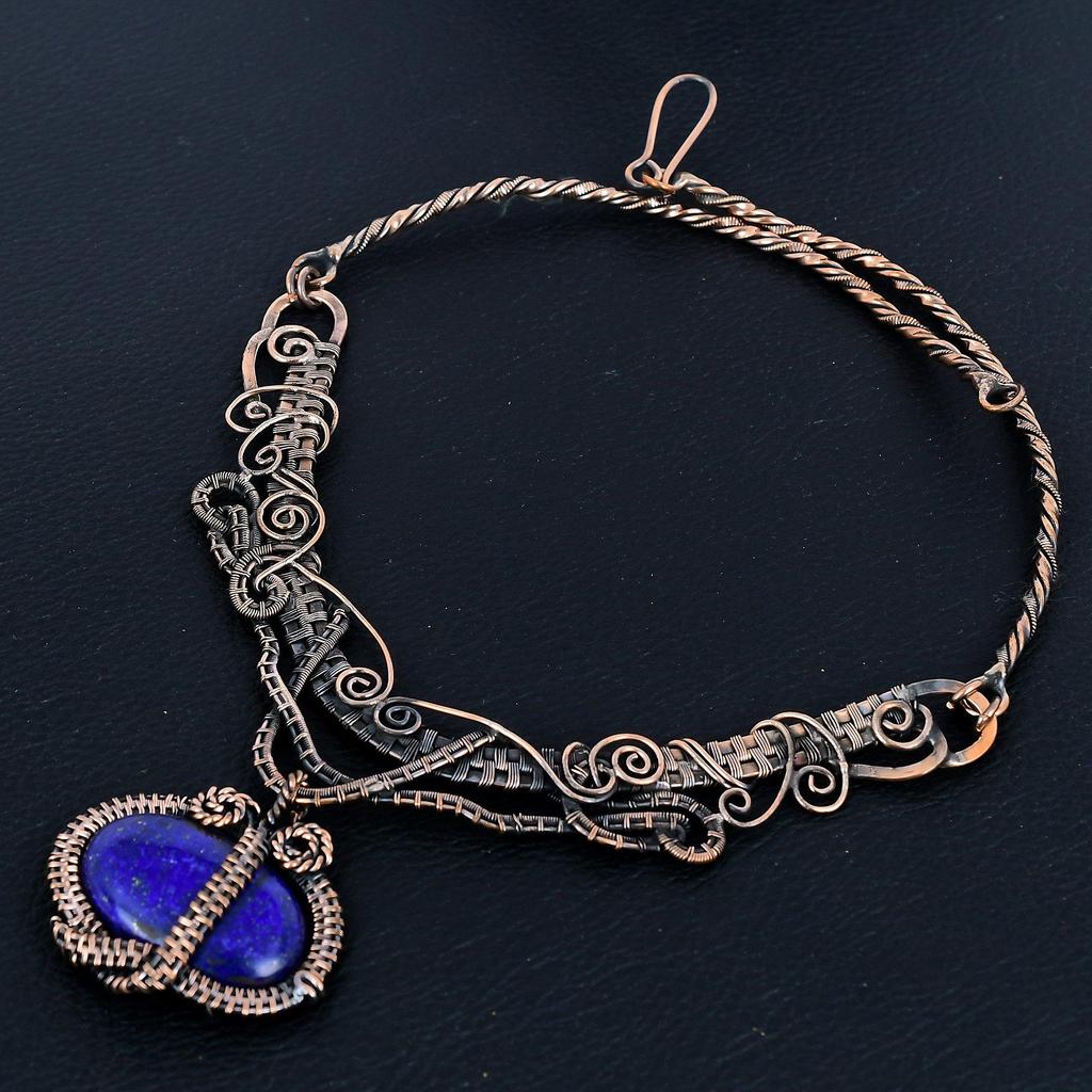 Lapis Lazuli Necklace Handmade Jewelry, 999 Copper Wire Wrapped Necklace Designer Gemstone Jewelry Adjustable Chain Necklace Gift For Mom
