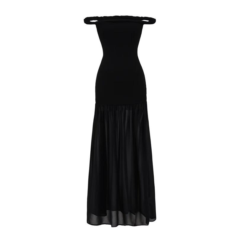 Elegant Spicy Girl One-Shoulder Sexy Patchwork Dress - Summer 2025 Waist-Cinched Slim Long Dress Medium