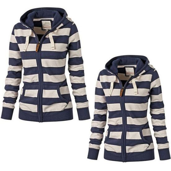 Dames Warm Gestreept Hoodie Sweatshirt Top met Capuchon Zakken Jas Rits Jas
