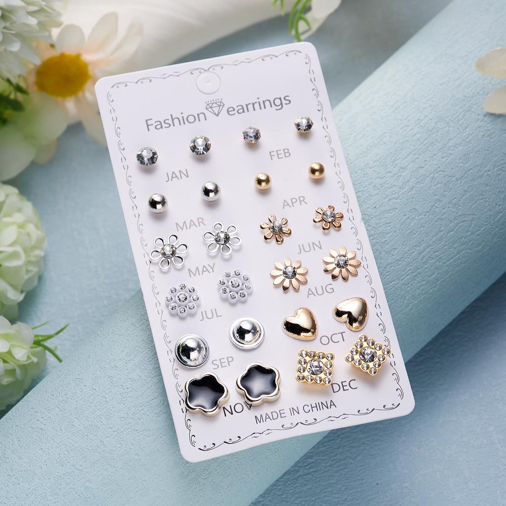 12 Pairs/set Crystal Simulated Pearl Stud Earring Sets For Women Shiny Rhinestone Flower Moon Star Metal Earring Mixed Zircon