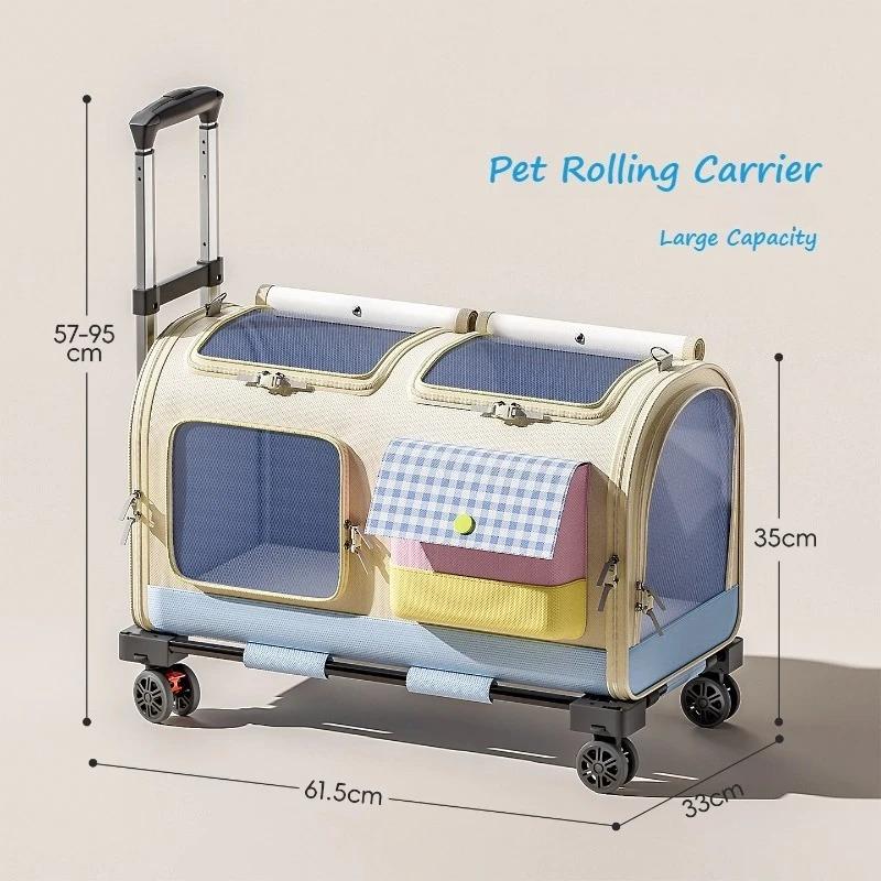 Multifunction Pet Rolling Carrier Backpack, Large Capacity Cat Luggage with Wheels, Portable Travel Trolley Case for 2 Cats Dogs