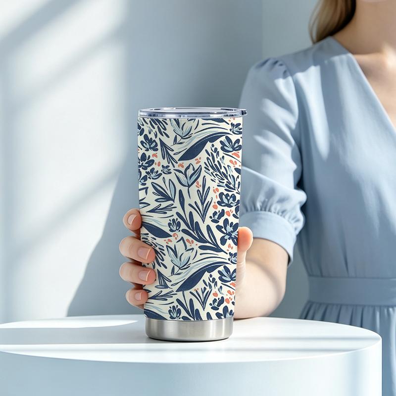 Car Tumbler 591ml(1 Random Straw Included)Vintage Hand-Draw Leaf Floral MotifCommuter Cup Large Iced Cup Creative Gift Cup 591ml Car Tumbler