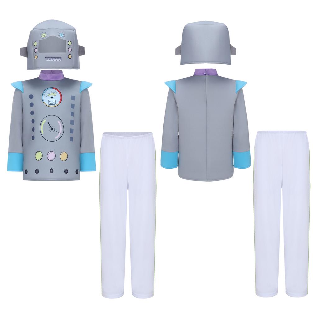 Unisex Kinder Roboter Kostüm Langarm Bunt Bedrucktes Oberteil Elastischer Bund Hose Niedliche Roboter Kopfbedeckung Cosplay Halloween Set