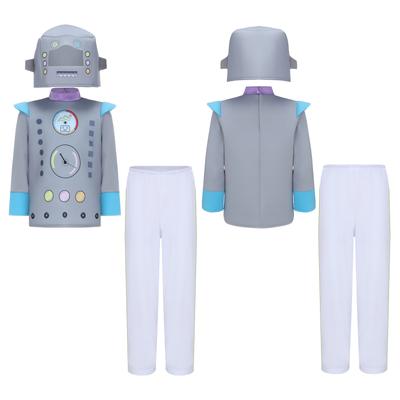 Fantasia de Robô Unissex para Crianças Manga Longa Estampada Colorida Calça com Cintura Elástica Cabeça de Robô Fofa Conjunto Cosplay Halloween