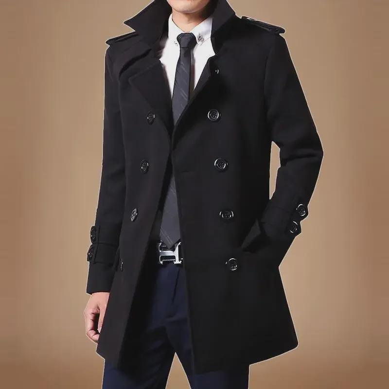Men's Mid-Length Woolen Double-Breasted Windbreaker with Velvet Lining - Autumn/Winter 2021 Trend