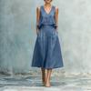 Women's V Neck Sleeveless Linen Two-Piece Set High Waist Pleated Skirt Suit Elegant