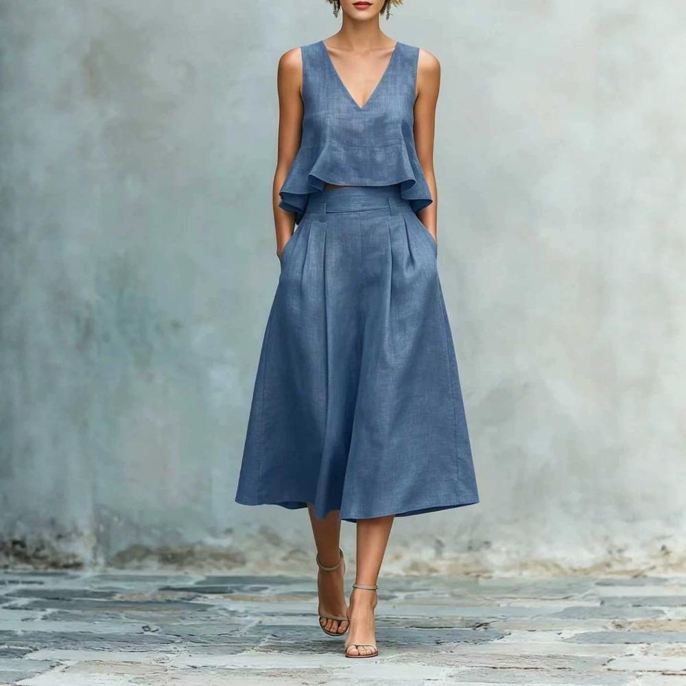 Women's V Neck Sleeveless Linen Two-Piece Set High Waist Pleated Skirt Suit Elegant