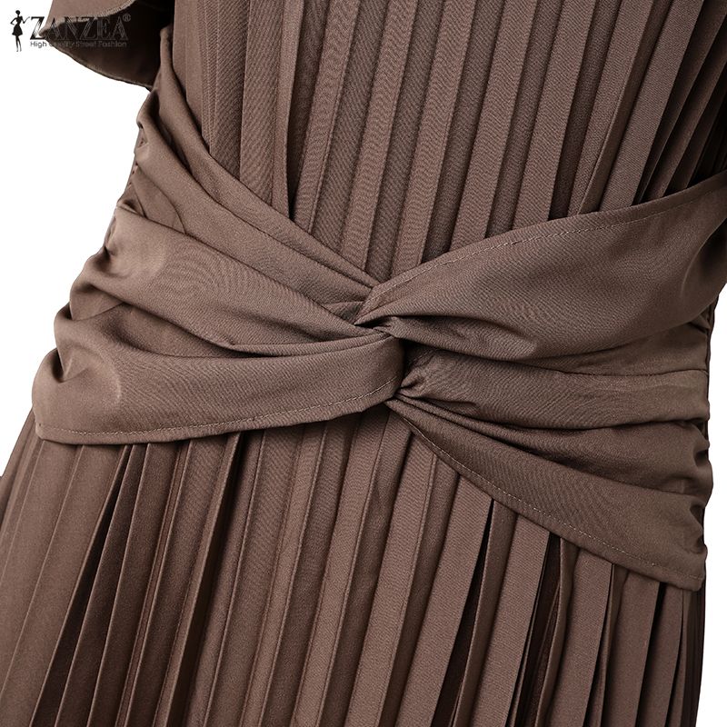 ZANZEA Women Casual Round Neck Ruffles Short Sleeve Loose Pleated Long Dress