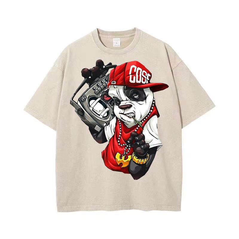 PAmerický retro vzor Hip Hop Medvěd Potisk Tričko Prané Bavlna Krátký Rukáv Letní Streetwear Vintage Unisex Top