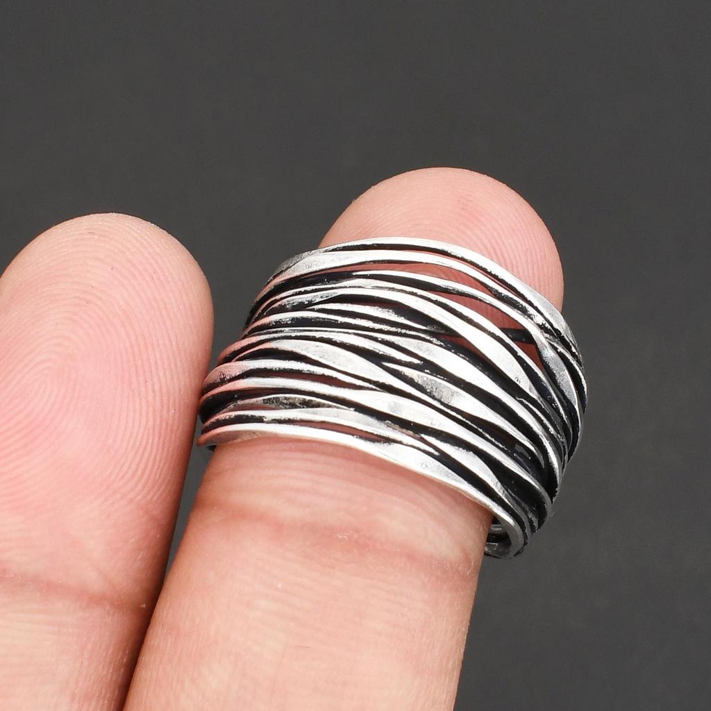 Handmade 925 Sterling Silver Wire Wrapped Band Ring, Adjustable Statement Cuff Ring for Men and Women
