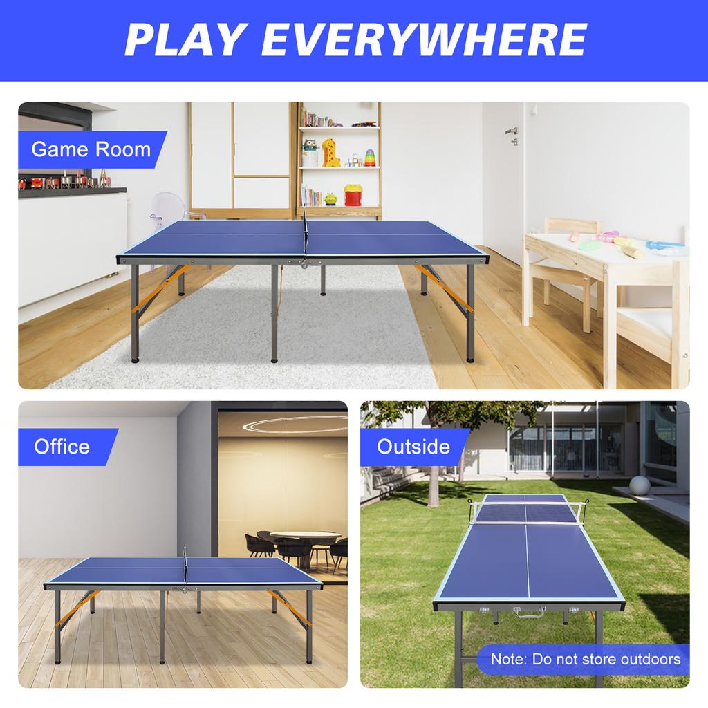Foldable Table Tennis Table with Net and Bat Set, Suitable for Outdoor/indoor Use, Blue Surface, Includes 2 Bats and 3 Balls, Stable 6-leg Design