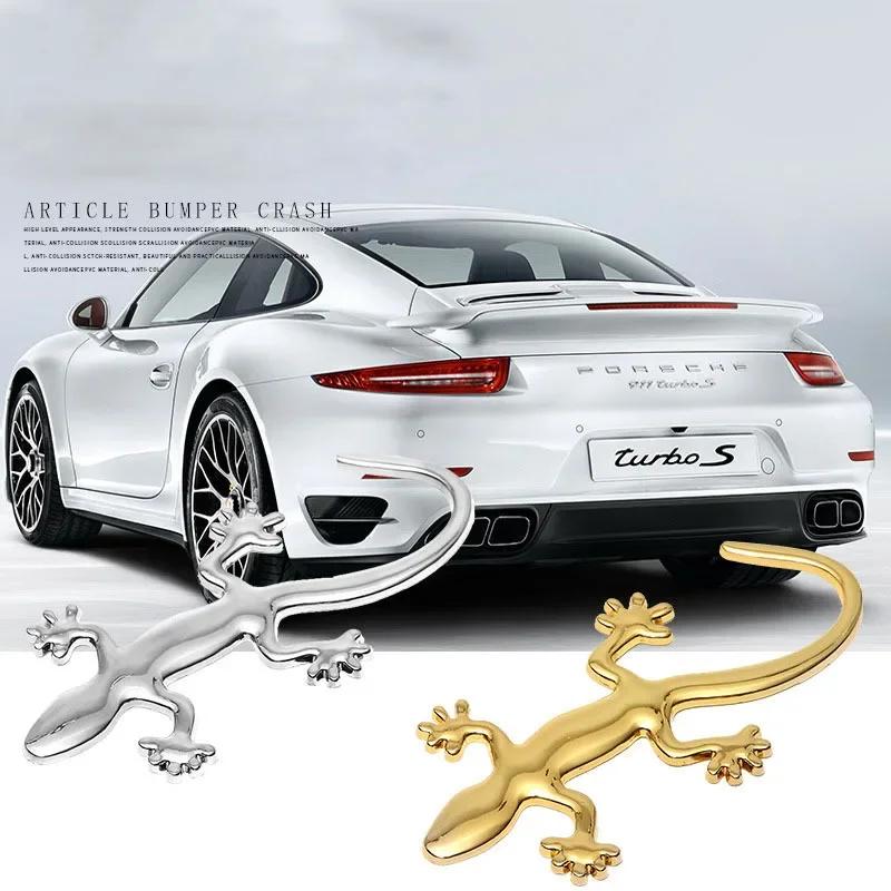 3D Car Gecko Shape Lizard Metal Badge Emblem Sticker Auto Body Panel Bumper Garnish Golden Silver Decal Universal Exterior Parts