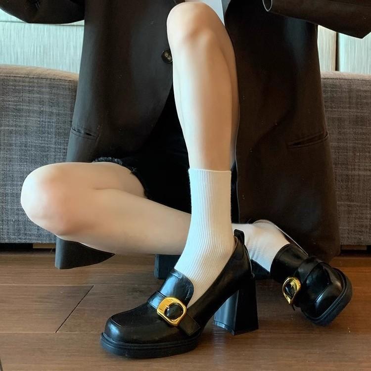 

Cowhide version 2025 new retro square head thick heel one pedal loafers high heel small leather shoes women s British style shoes 40