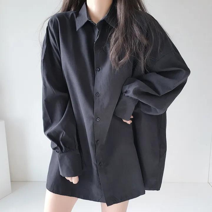 

Корейская рубашка, женская куртка-кардиган с рукавами-фонариками, свободный повседневный топ, однотонная рубашка средней длины XL чёрный