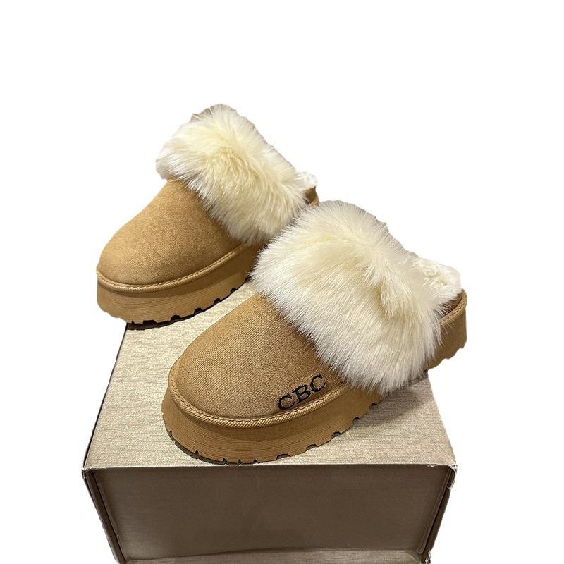 Half-tray snow boots for women's 2024 winter new outer wear warm fluffy slippers thick-soled heightening cotton slippers for women