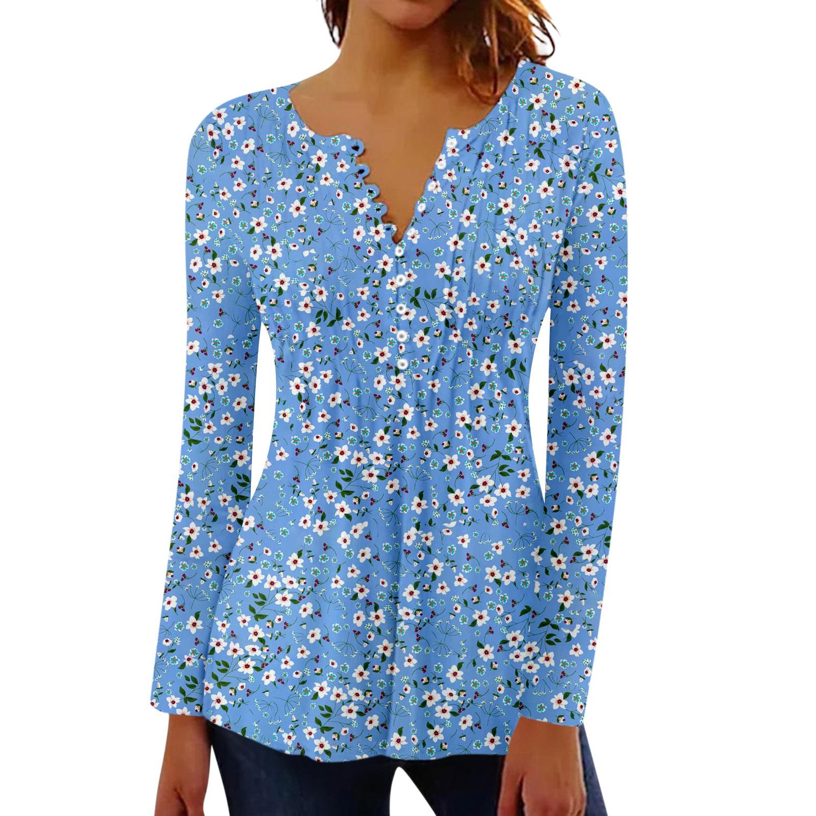 

Women s Pleated Button Retro Floral Print Top M