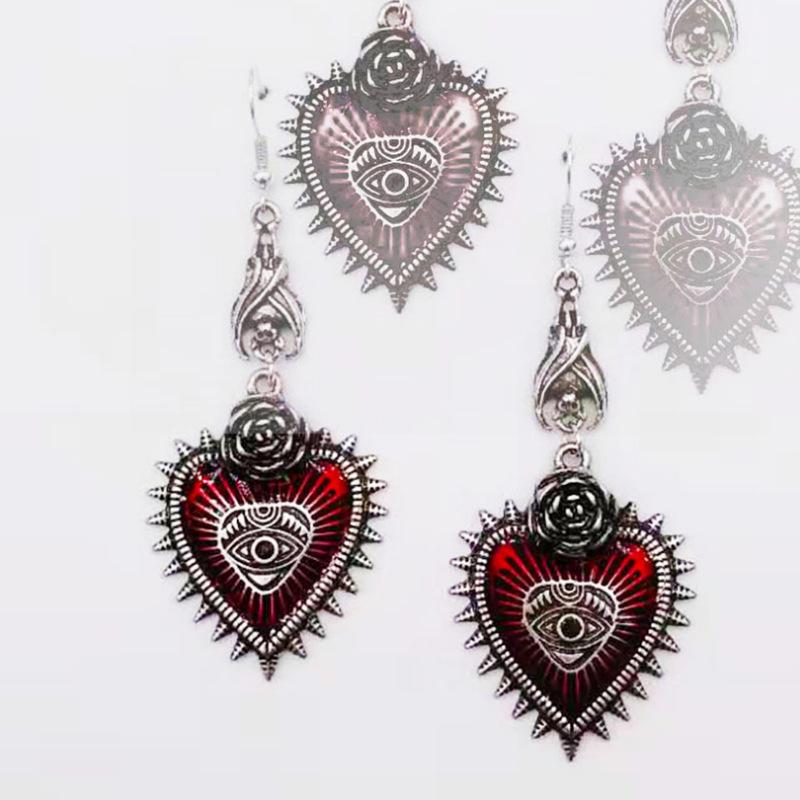 Dual Heart Rose Gothic Punk Earrings with Demon Eye and Bat Design
