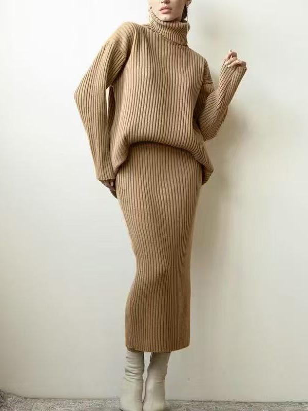 European and American Style Turtleneck Sweater Set Women's Loose Thermal Cover Head Pit Strip Skirt Sweater Two-piece Set Popular
