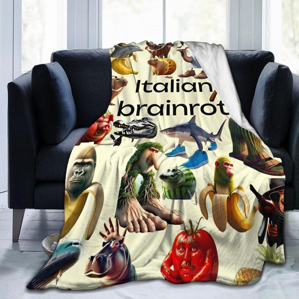 Italian Brainrot Funny AI Meme Blanket Flannel Print Tung Sahur Multi-function Ultra-Soft Throw Blanket Office Bedspread Quilt