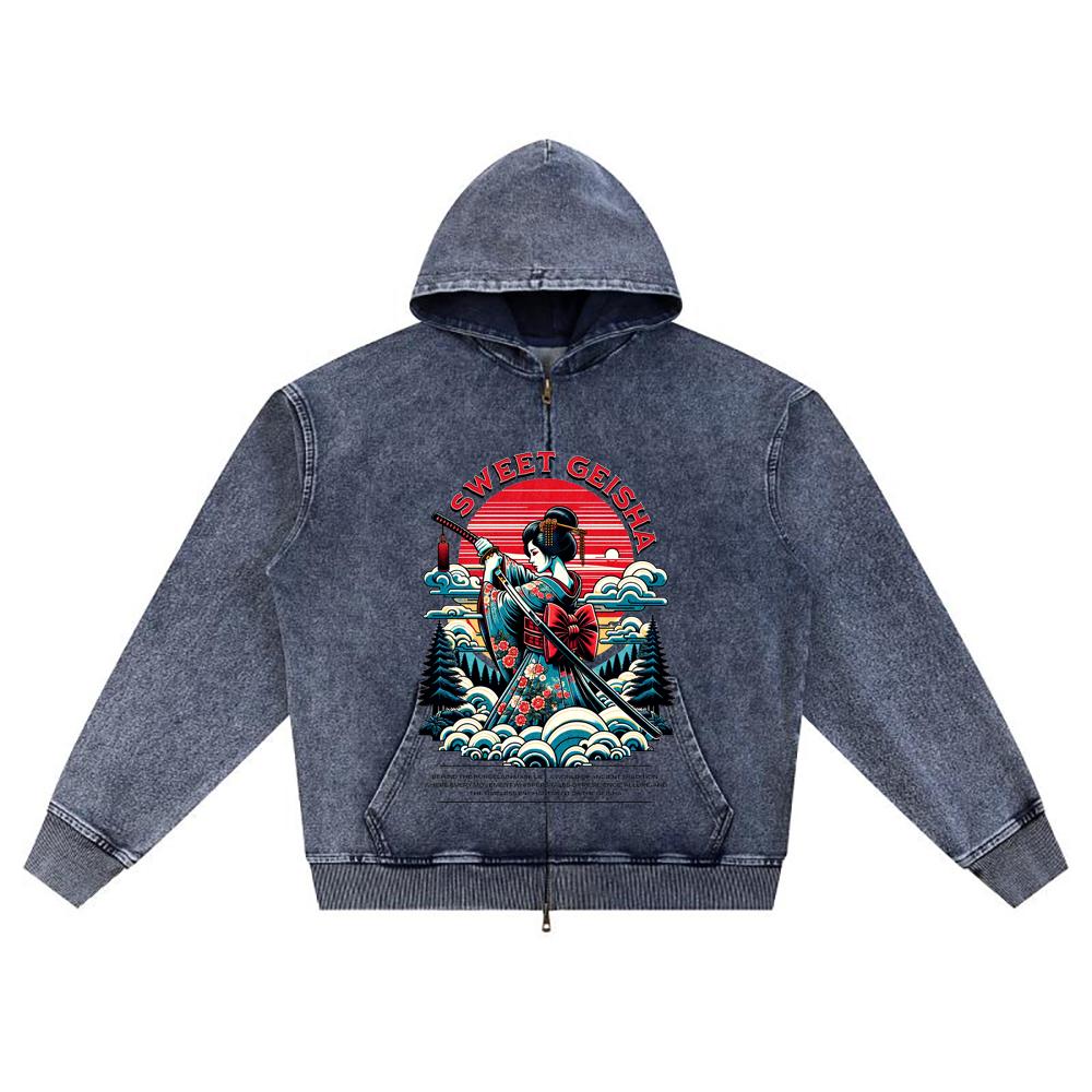 

DTG print Knitted Denim Zip-Up Hoodie Sweet Geisha Brother Print Zipper Hoodies XL темно-синий