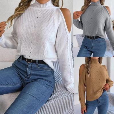 Women Pullovers and Sweaters Ladies Autumn Winter Turtleneck Off the Shoulder Long Sleeve Knitted Sweater Tops