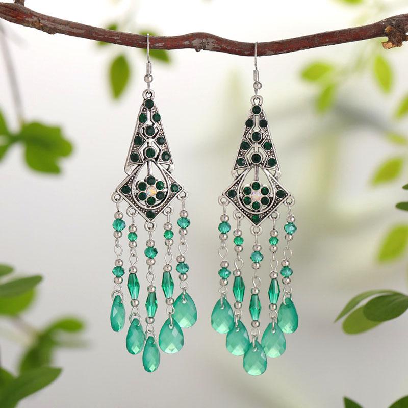 New Bohemian Rhinestone Water Drop Earrings for Women Ethnic Long Crystal Tassel Earring Party Vacation Jewelry