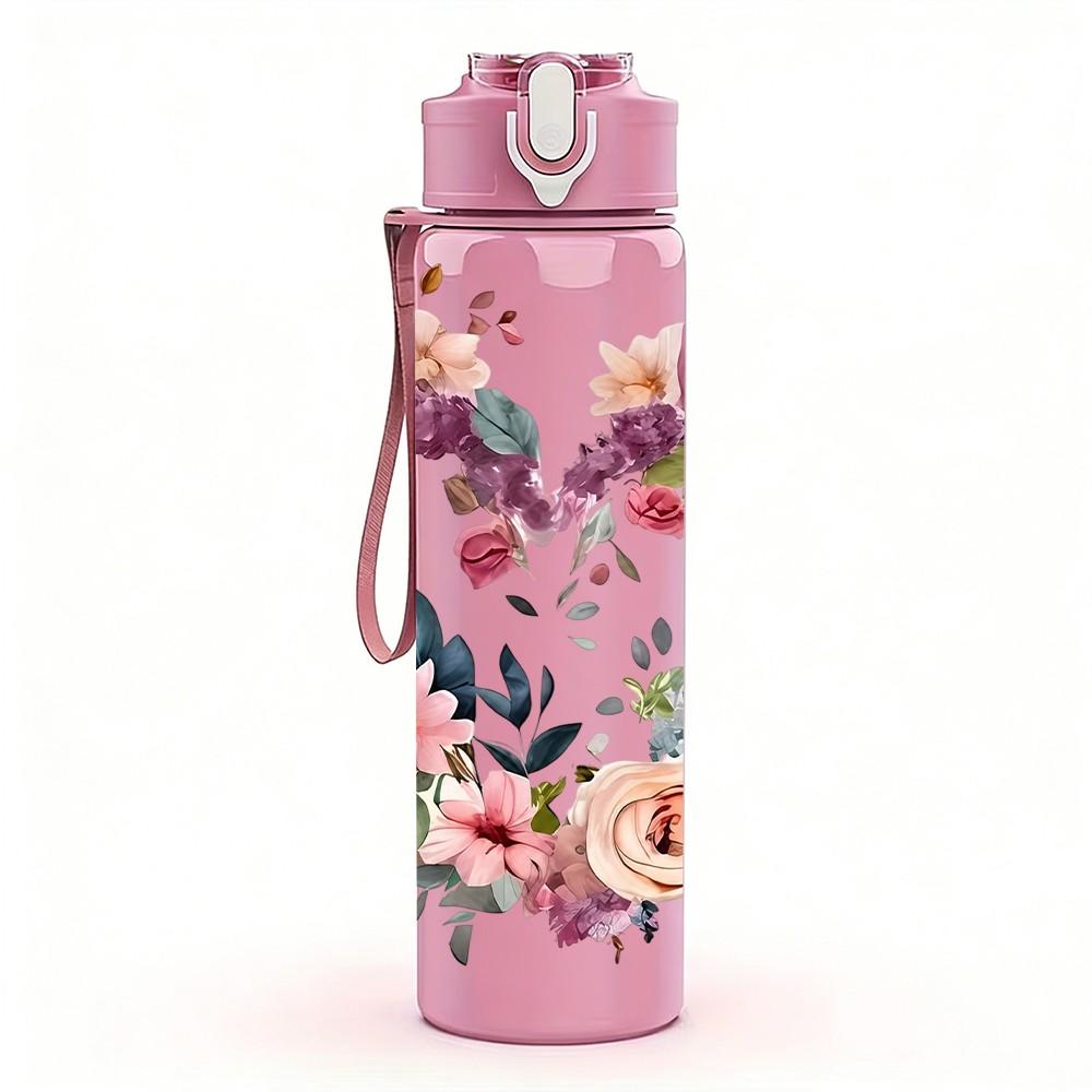 1PC Rose Wreath Flower Pattern 750ml Color Plastic Sports Water Bottle Leakproof Flip Straw Lid Suitable for Sports Office Home Use