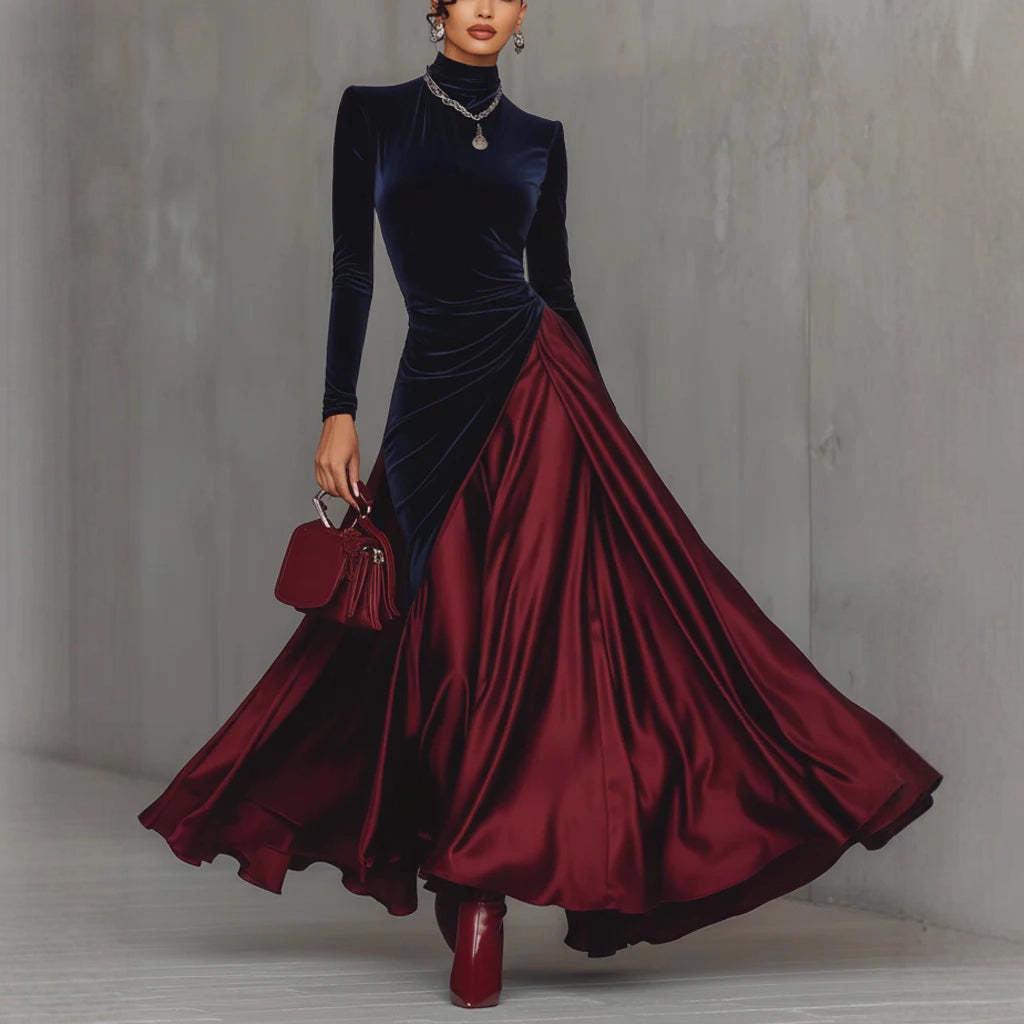 2026 Spring Elegant Velvet Patchwork Dress with Flare Skirt and High Neck