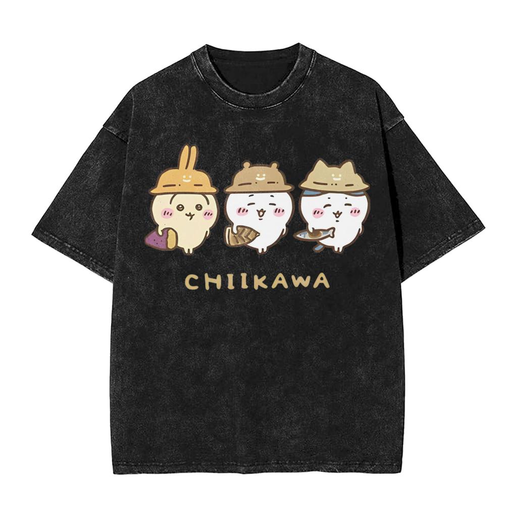 Chiikawas Fighting Cute Kawaii Anime Washed T Shirts Streetwear Hip Hop Retro TShirt Tees Men Women Cotton Oversize Printed
