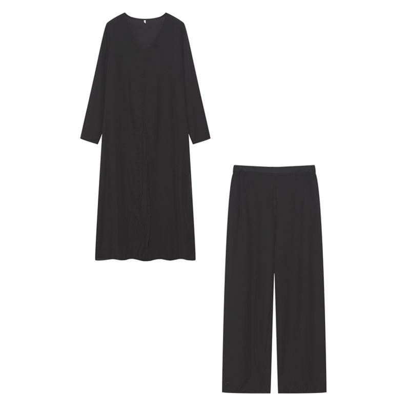 Plus Size Women's Clothing Chubby Girl Autumn New Fashion Solid Color and V-neck Split Long Sleeve Shirt Pants Two-piece Set Suit