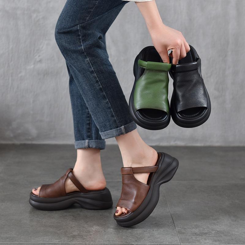 Women's Genuine Leather Platform Flip-Flops with Thick Soles for Summer 2025