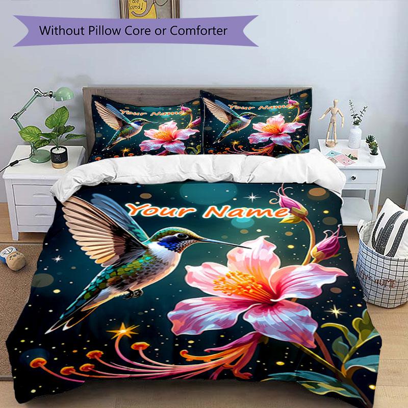 3PC Custom Name Hummingbird Flower Magic Bedding Set Duvet Cover Closure Includes 1 Duvet Cover & 2 Pillowcases for Bedroom
