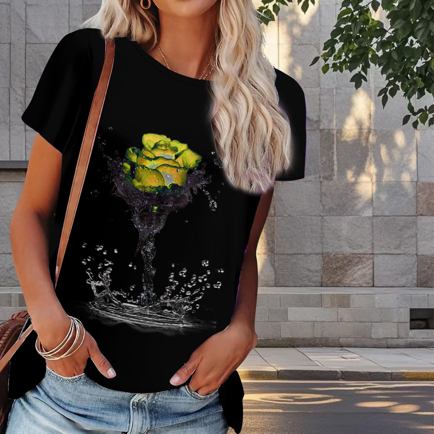 

Женская летняя футболка с принтом розы в стиле ретро, футболки с коротким рукавом, повседневные топы с принтом 8XL жёлтый