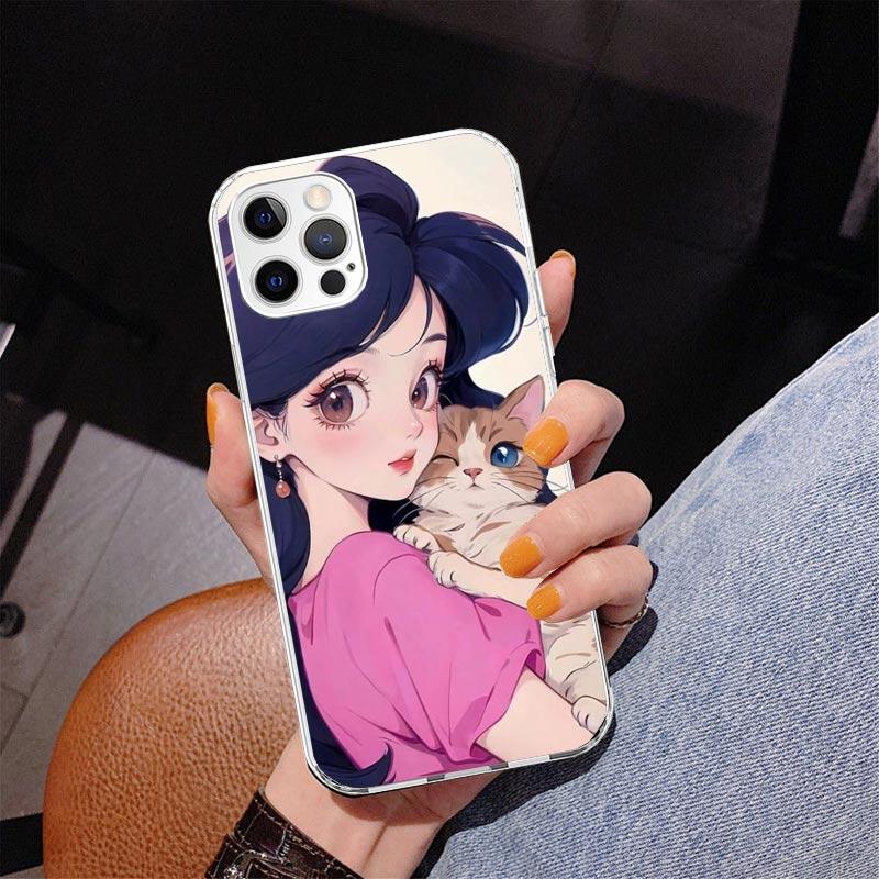 Cute Anime Ins Girls Animal Cat Phone Case For iPhone 17 Air 16 Pro Max 16E 15 + 14 Plus 11 12 13 Mini 7 8 SE Gift Print Cover F