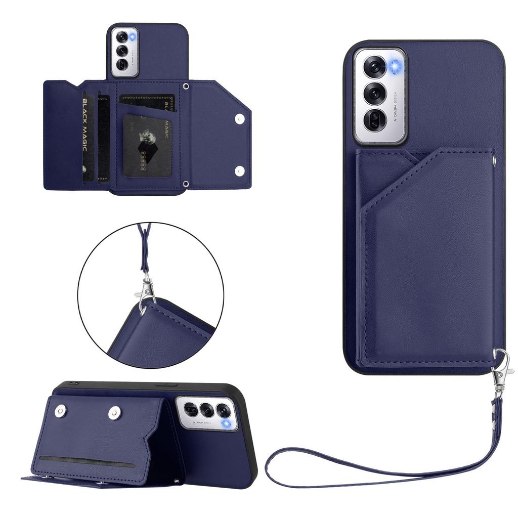 For Oppo Reno12 5G (Global) Case Card Holder Kickstand Skin-Touch Phone Cover with Wrist Strap
