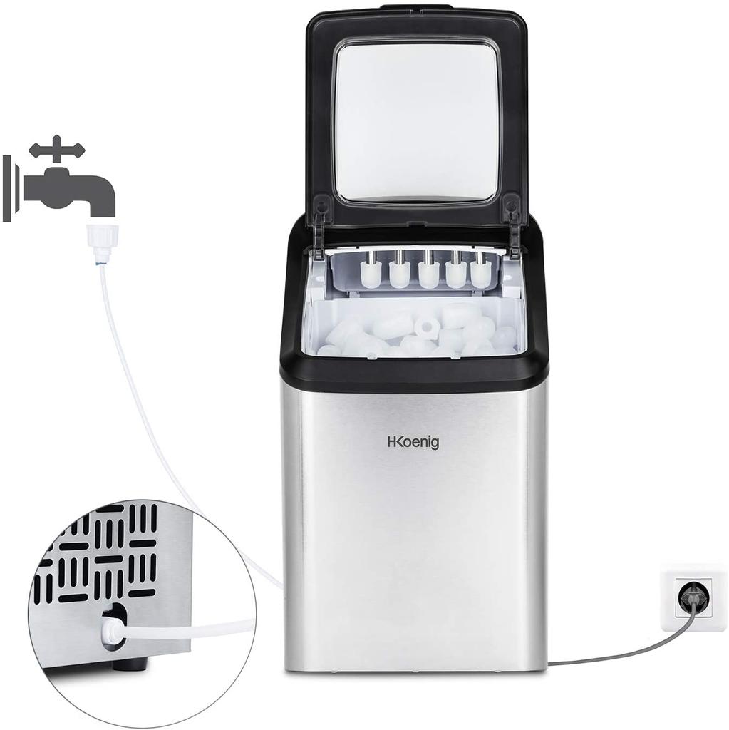 H.Koenig KBP40 Maquina de Hacer Hielo, 145 W, 2 Tamanos Cubitos, Bandeja de agua 2,8 L, Indicador Nivel de Agua, Ac Inoxidable. Ciclo Produccion 9 Min