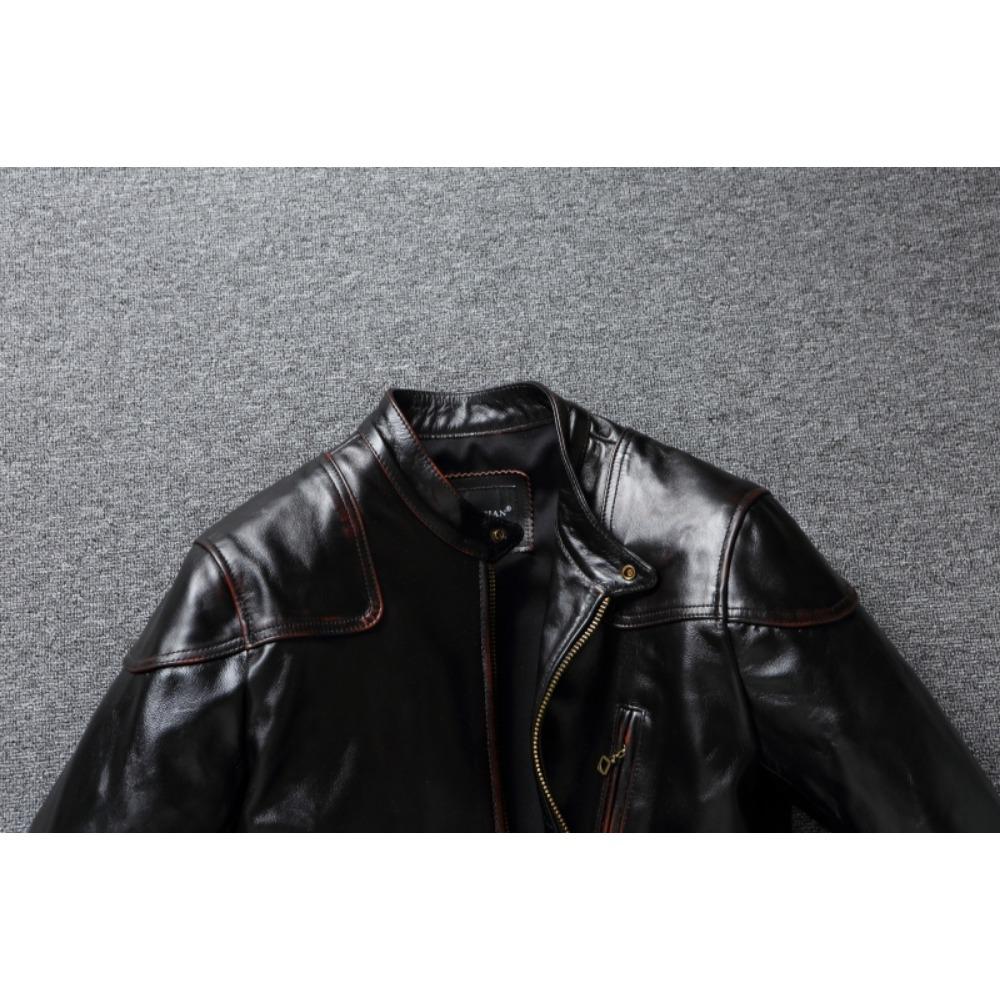 Chinese Size Style RL Top Layer Oil Waxed Cowhide Real Leather Jacket Men Stand Collar Brown Motorcycle Coat Men's Biker Jacket Spring Autumn