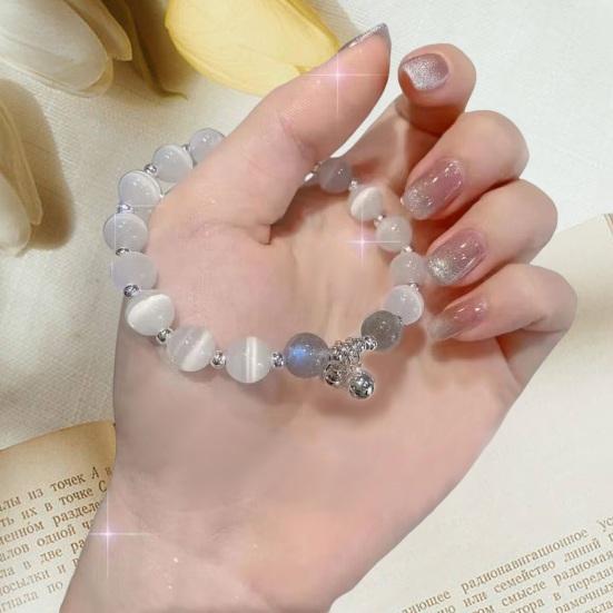 Brățară pentru femei, margele de sticlă, pandantiv cu clopoțel, frânghie elastică netedă, gradient reglabil, faux opal, bijuterii pentru încheietura mâinii, cadou de zi de naștere