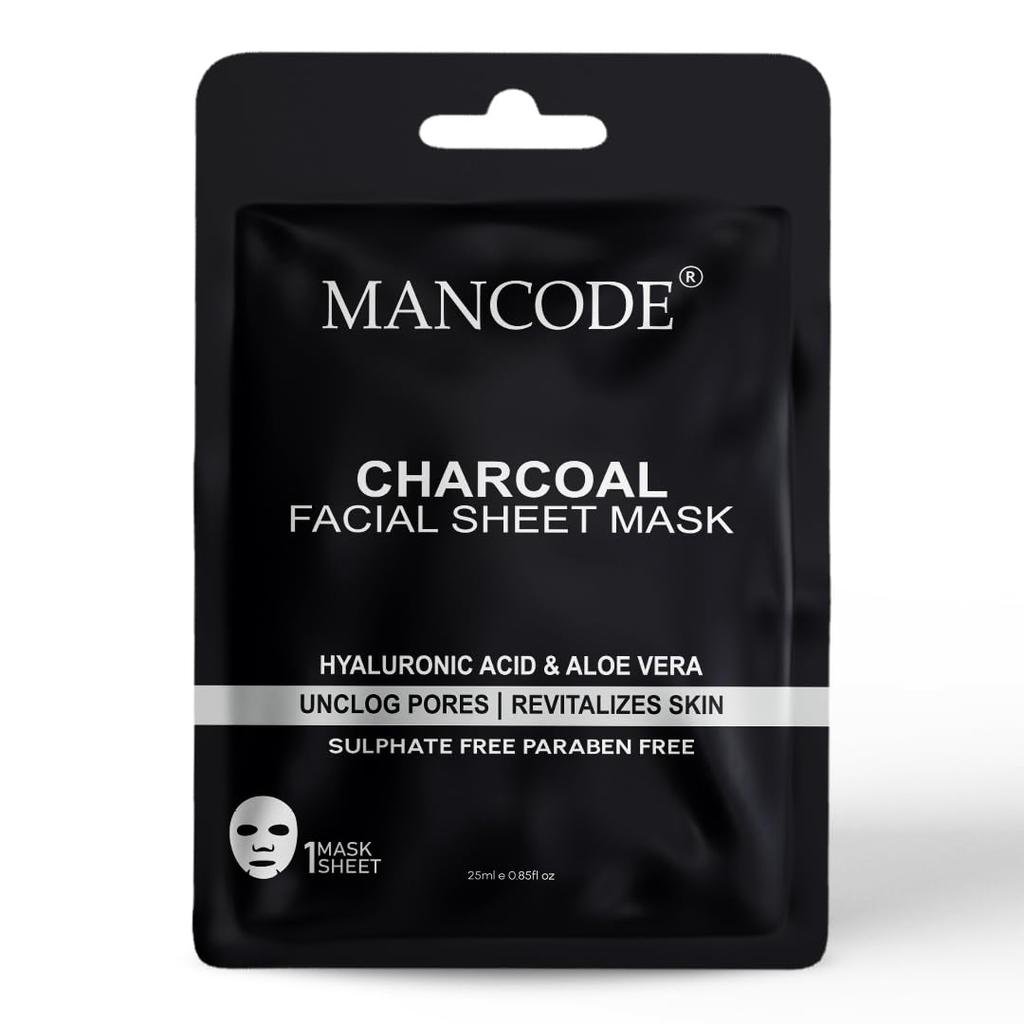 Mancode Charcoal Facial Sheet Mask 25ml Hyaluronic Acid & Aloe vera Unclog Pores Revitalizes Skin Pore Reducing, Brightening & Enhances Glow Korean