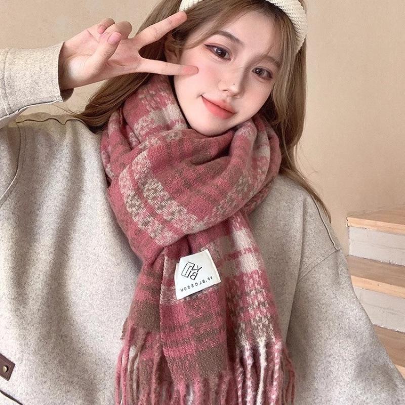 Korean Style Thick Pink Plaid Scarf for Women - Autumn/Winter Neck Warmer