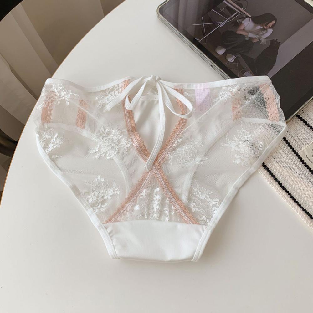 Women's Panties Low Waist Lace Transparent Sexy Mesh Hollow Out Bowknot Satin Panties Cotton Crotch Briefs