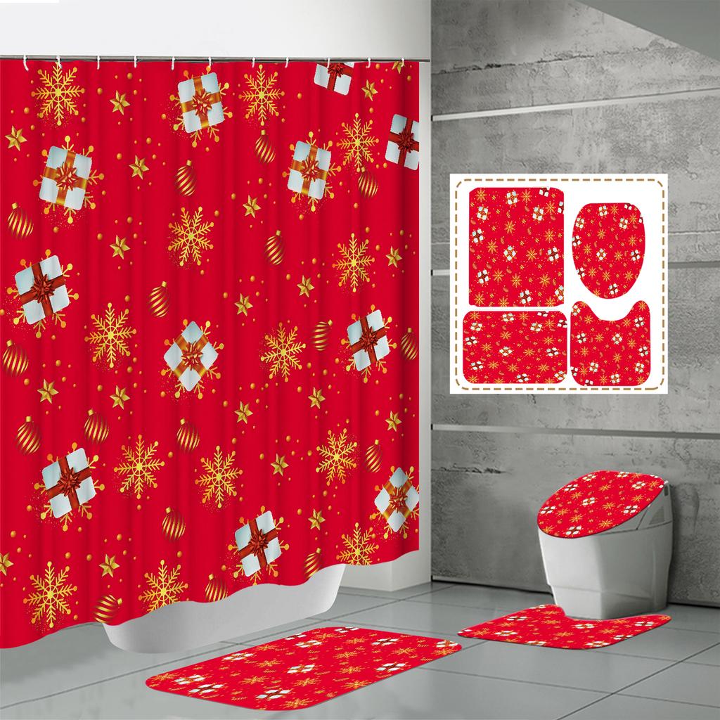 4PCS  Shower Curtain Sets With Shower Curtain And Rugs Toilet Lid Rug U Shape Mat And Bath Mat Bathroom Set  With 12 Hooks