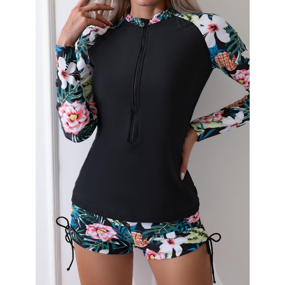 Front Chest Zipper Two-Piece Casual Long Sleeve Conservative Split Swimsuit for Women