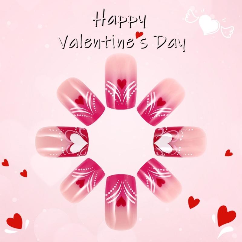 Valentine's Day Press On Nail Colorful Heart Designs Glossy False Nail Romance Acrylic Square Nail for Women 24pcs
